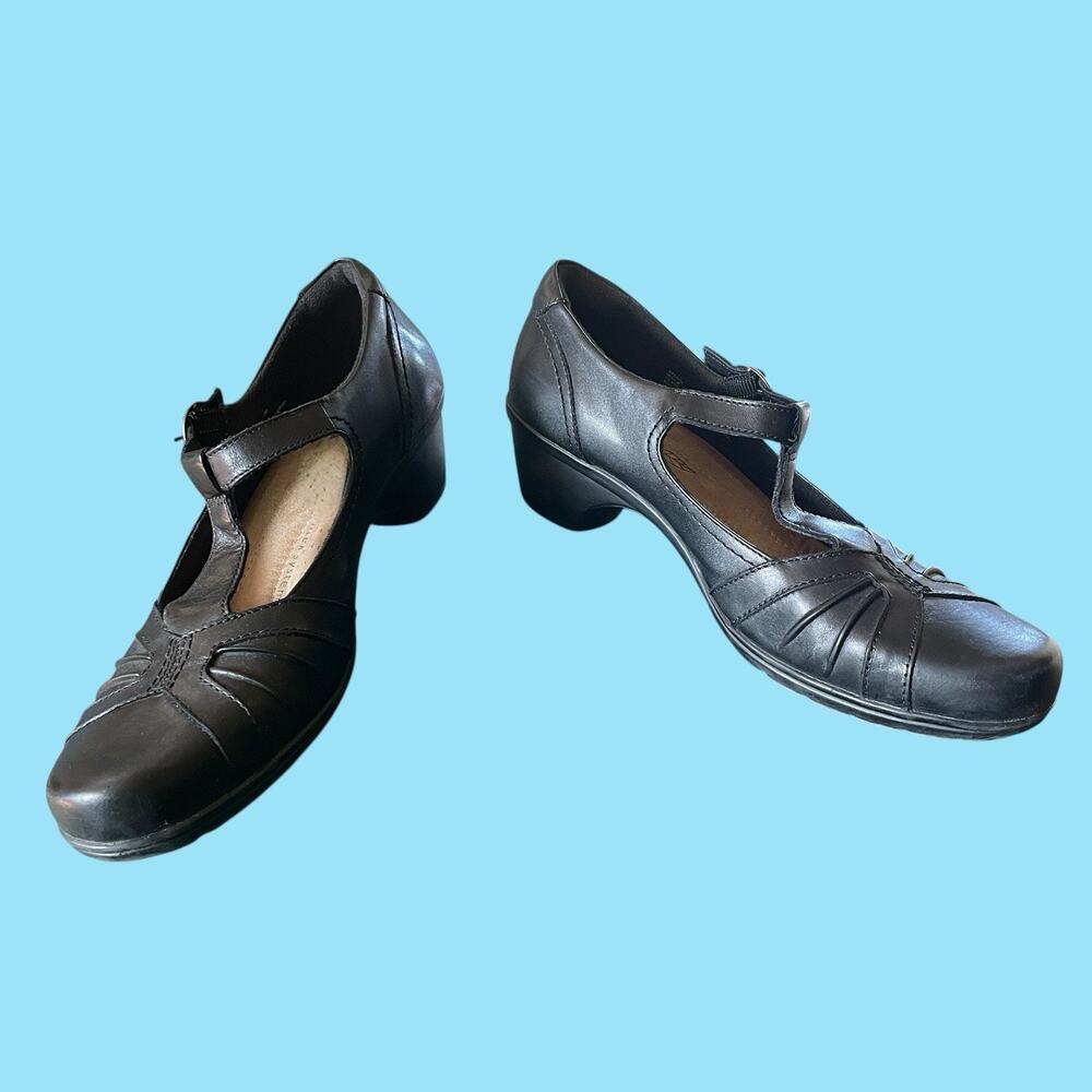Earth Origins Roman Black Leather T-Strap Block Heels Shoes Women Size 11 - Picture 3 of 8